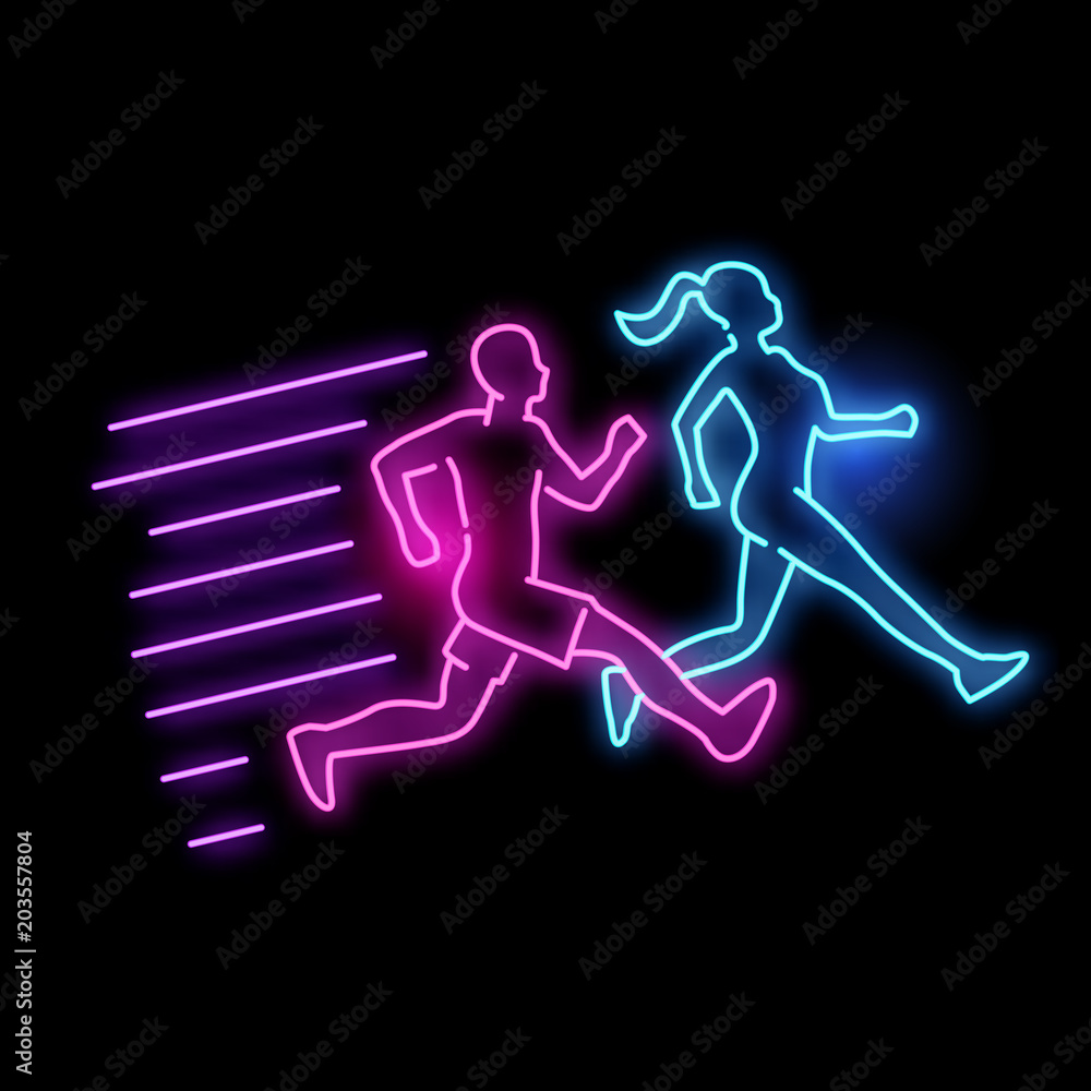 Glowing Neon Running Active People Sign Glowing Neon Running Active People Sign