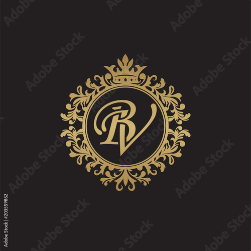 Initial letter BV, overlapping monogram logo, decorative ornament badge, elegant luxury golden color
