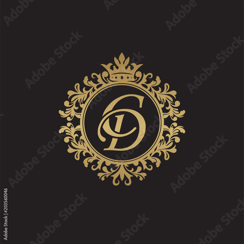 Initial letter CD, overlapping monogram logo, decorative ornament badge, elegant luxury golden color