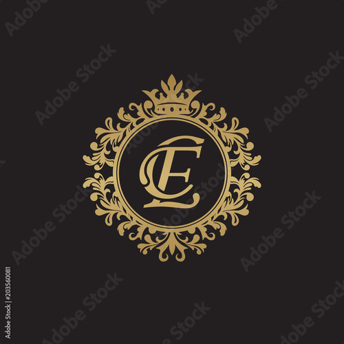 Initial letter CE, overlapping monogram logo, decorative ornament badge, elegant luxury golden color