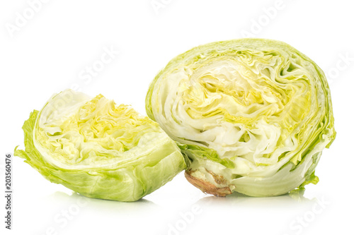 Sliced iceberg lettuce one section half and a quarter isolated on white background. © PIXbank