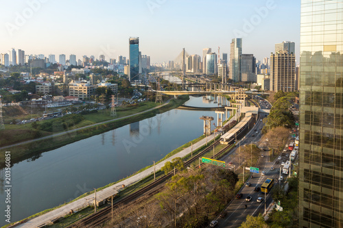 View of the "Marginal Pinheiros" Avenue, Pinheiros River and skyline of Sao Paulo city.