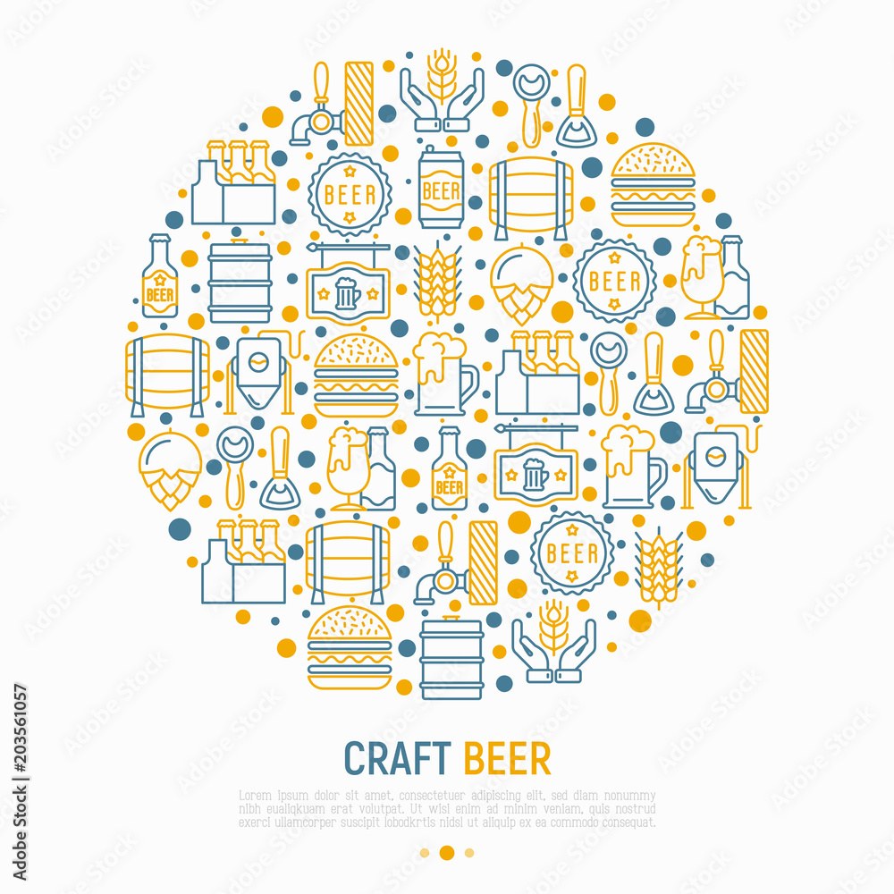 Craft beer concept in circle with thin line icons related to Octoberfest: beer pack, hop, wheat, bottle opener, manufacturing, brewing, tulip glass, can. Modern vector illustration for print media.