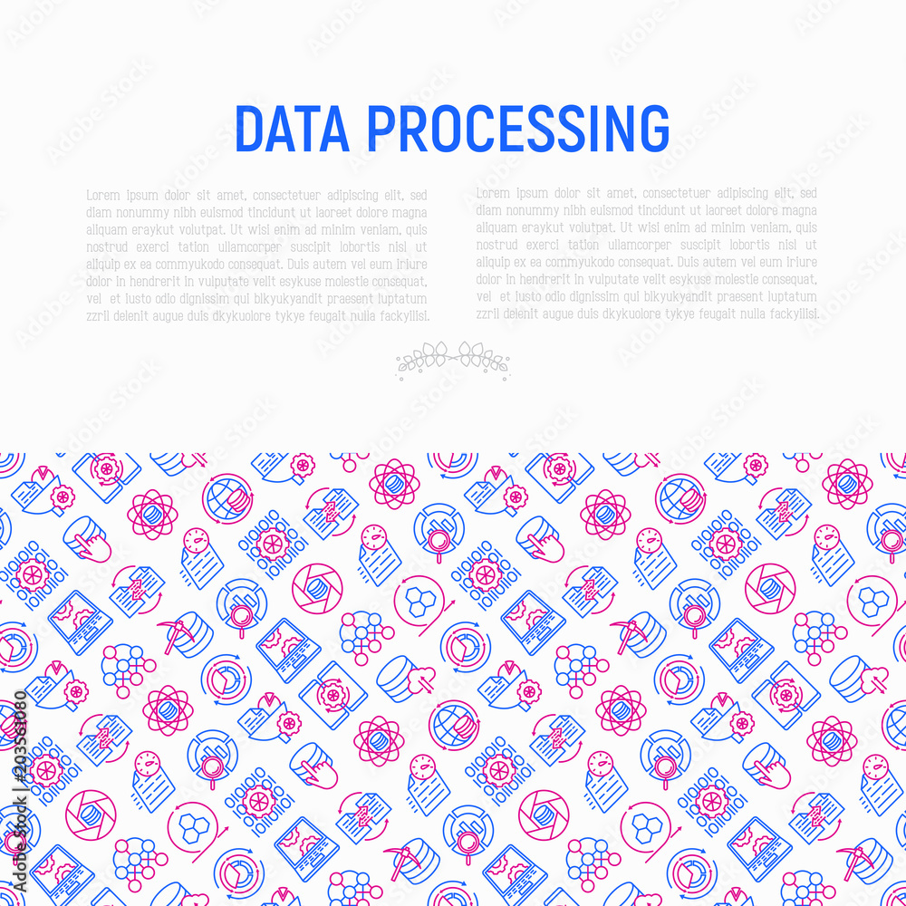 Data processing concept with thin line icons: data science, filtering, deep learning, mobile syncing, big data, tracking, cloud database. Modern vector illustration for banner, print media template.