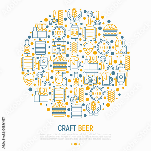 Craft beer concept in circle with thin line icons related to Octoberfest: beer pack, hop, wheat, bottle opener, manufacturing, brewing, tulip glass, can. Modern vector illustration for print media.