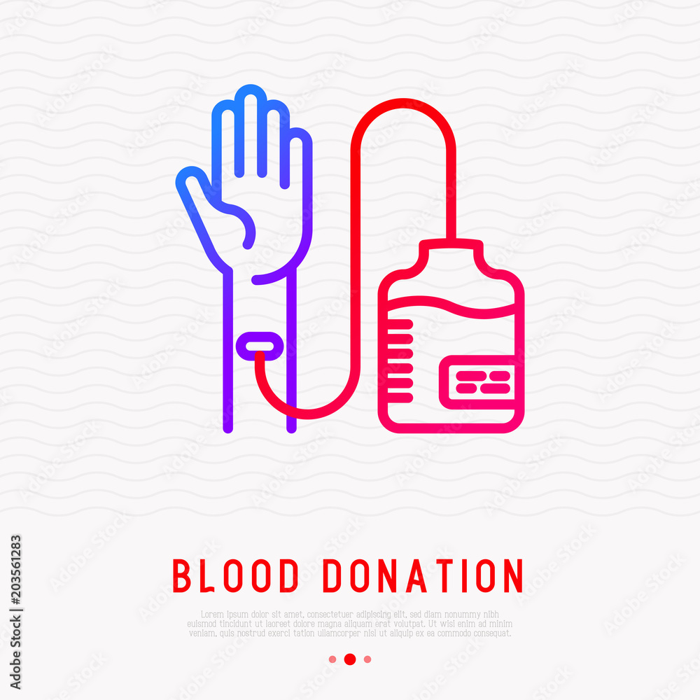 Blood donation concept: transfusion from hand to blood bag thin line icon. Modern vector illustration for World donor day. Symbol of volunteer, support, charity organization.