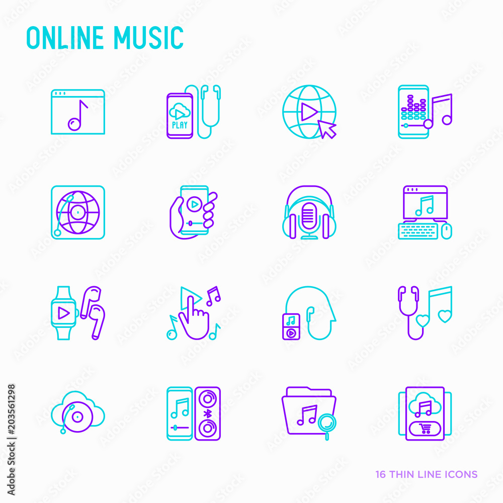 Online music thin line icons set: smartphone with mobile app, headphones, earphones, equalizer, speaker, smart watch, microphones, note, subscription. Modern vector illustration. Online music thin line icons set: smartphone with mobile app, headphones, earphones, equalizer, speaker, smart watch, microphones, note, subscription. Modern vector illustration.