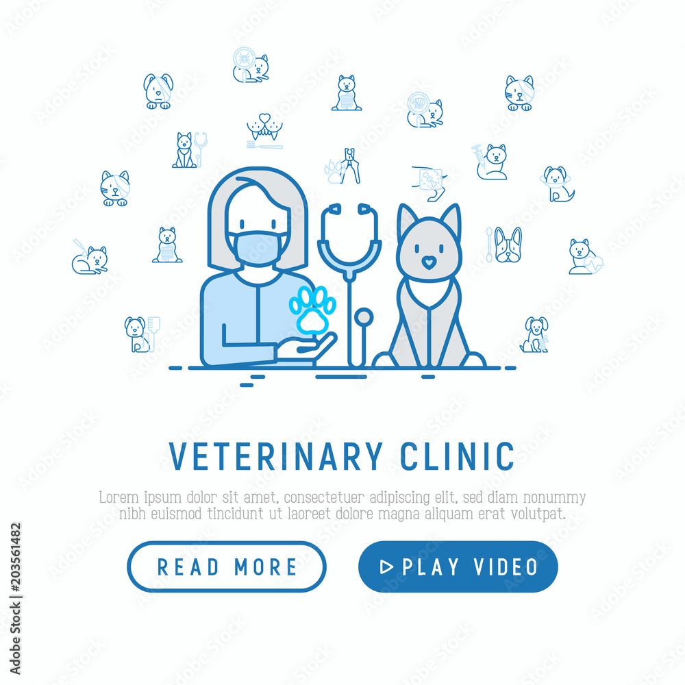 Veterinary clinic concept. Thin line icons: injection, cardiology, cleaning of ears, teeth, shearing claws, broken leg. Vector illustration, web page template. Veterinary clinic concept. Thin line icons: injection, cardiology, cleaning of ears, teeth, shearing claws, broken leg. Vector illustration, web page template.