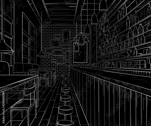 Cafe bar interior. Black and white vector illustration 