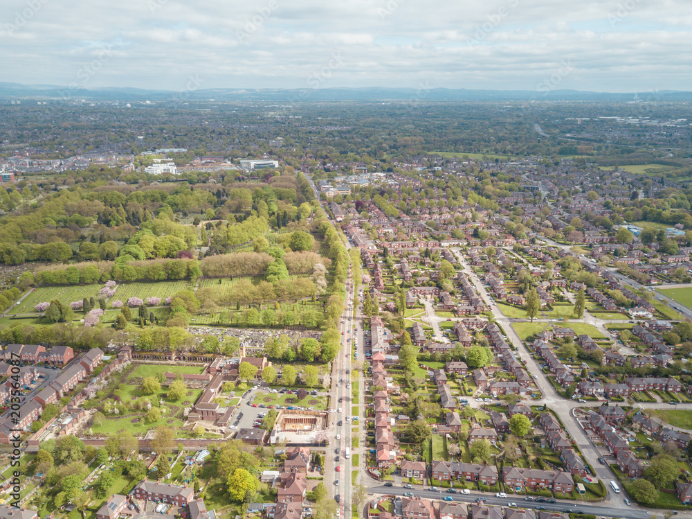 Houses and park drone aerial above view british residential