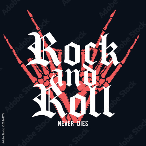 Rock and Roll t-shirt design. Hand of skeleton with lettering on dark background. Vintage t-shirt graphic with slogan for tee print in Rock and Roll music style