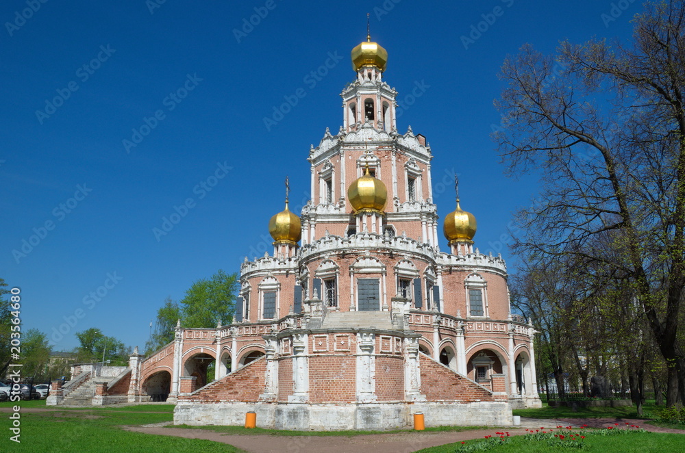 Beautiful Church of the Intercession of the Virgin in Fili, built in 1690-1694. Monument of Naryshkin Baroque architecture, Moscow, Russia