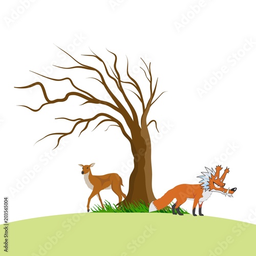 deer and wolf cartoon with tree