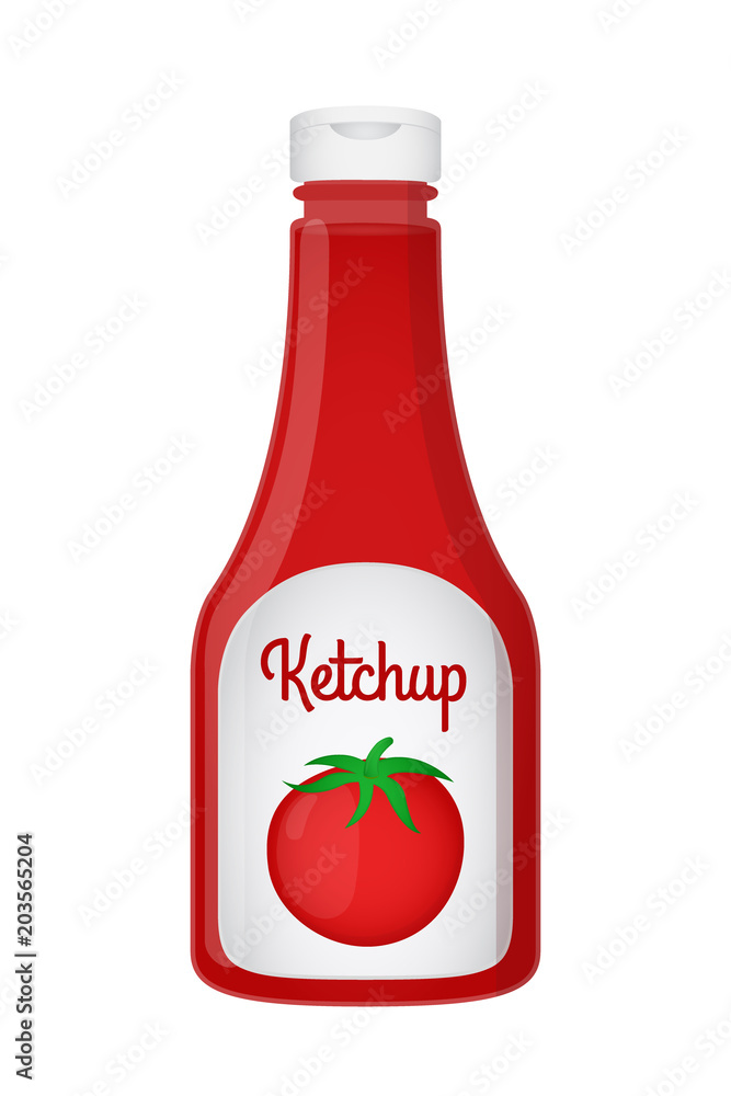 Vector 3d realistic ketchup bottle. Red tomato sauce, transparent glass  Stock Vector