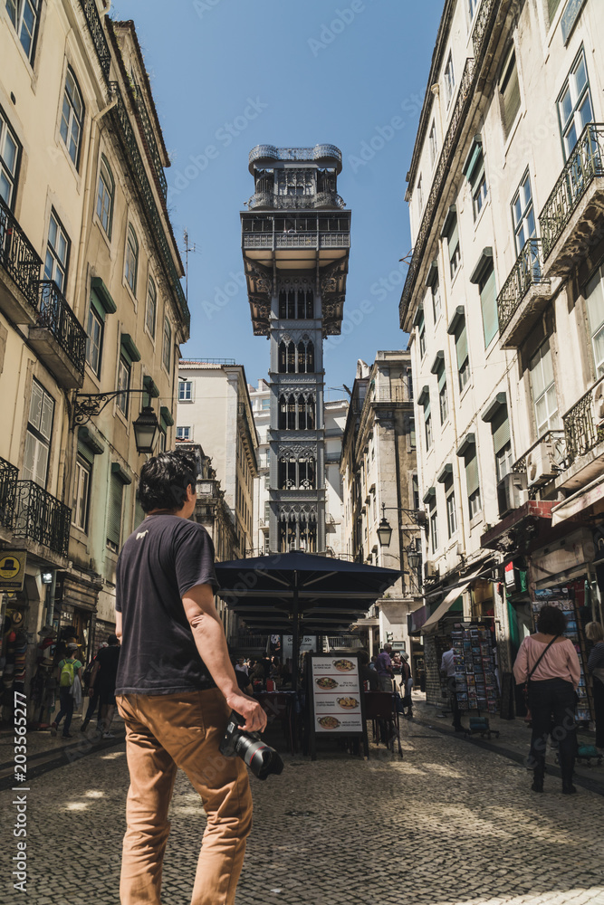Famous Saint Justice (Santa Justa) elevator in the historic center of Lisbon, Portugal. Currently it is a national monument and it serves as a lookout for tourists.