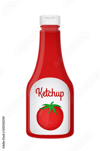 Vector 3d realistic ketchup bottle. Red tomato sauce, transparent glass