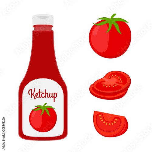 Vector ketchup with tomato. Red sauce, condiment in glass, plastic bottle
