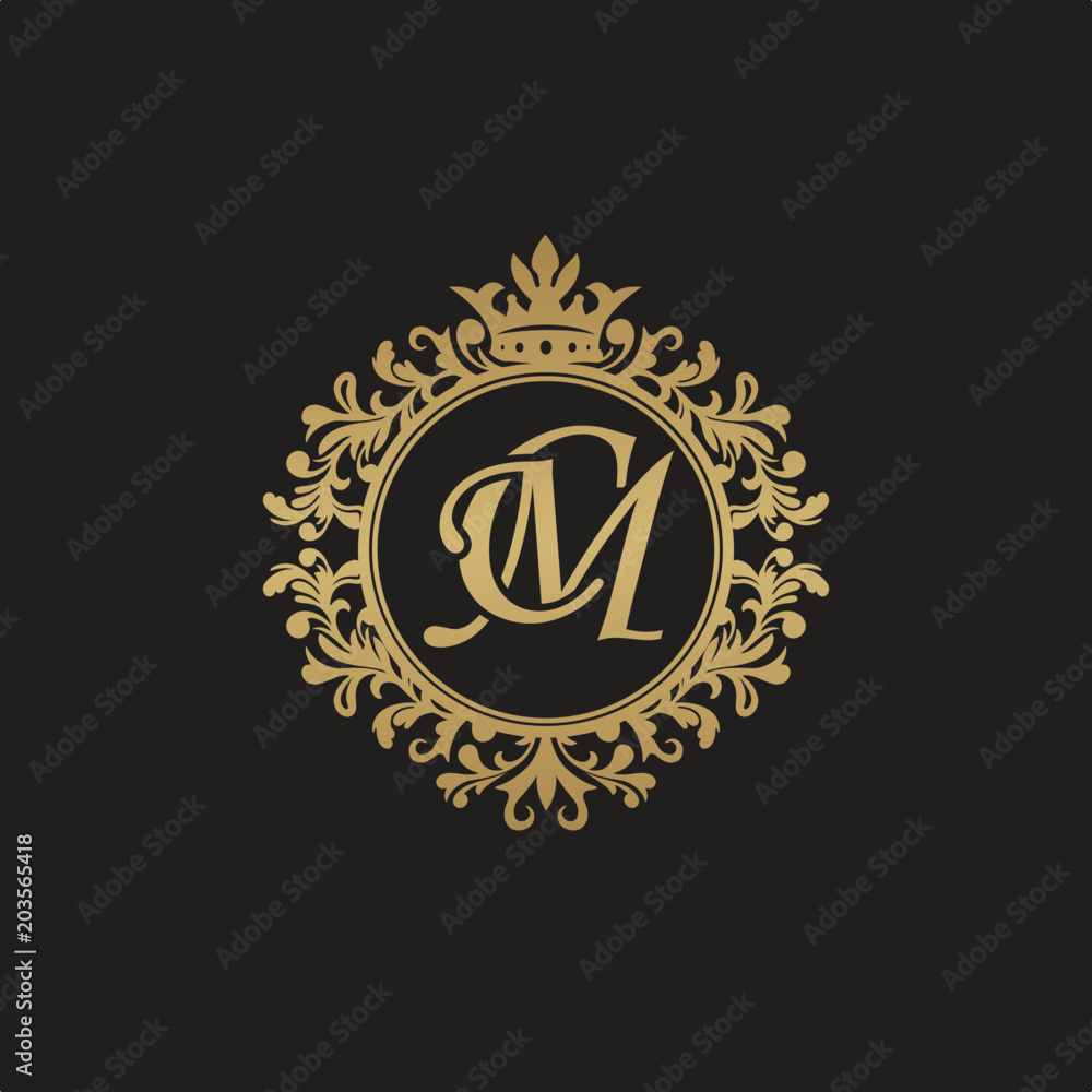 Initial letter CM, overlapping monogram logo, decorative ornament badge, elegant luxury golden color