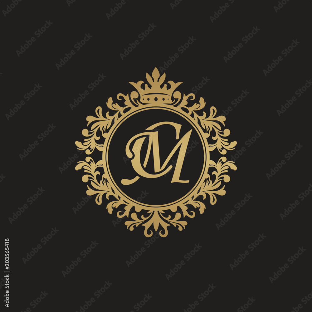 Initial letter CM, overlapping monogram logo, decorative ornament badge, elegant luxury golden color Initial letter CM, overlapping monogram logo, decorative ornament badge, elegant luxury golden color