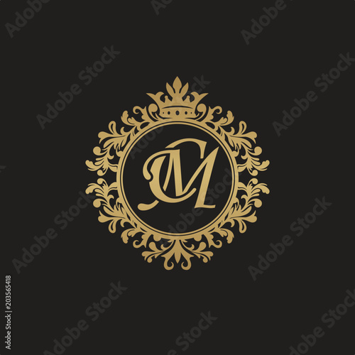 Initial letter CM  overlapping monogram logo  decorative ornament badge  elegant luxury golden color