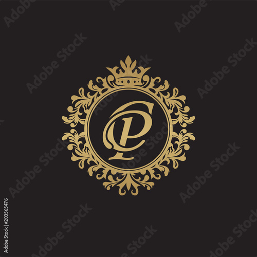 Initial letter CP, overlapping monogram logo, decorative ornament badge, elegant luxury golden color