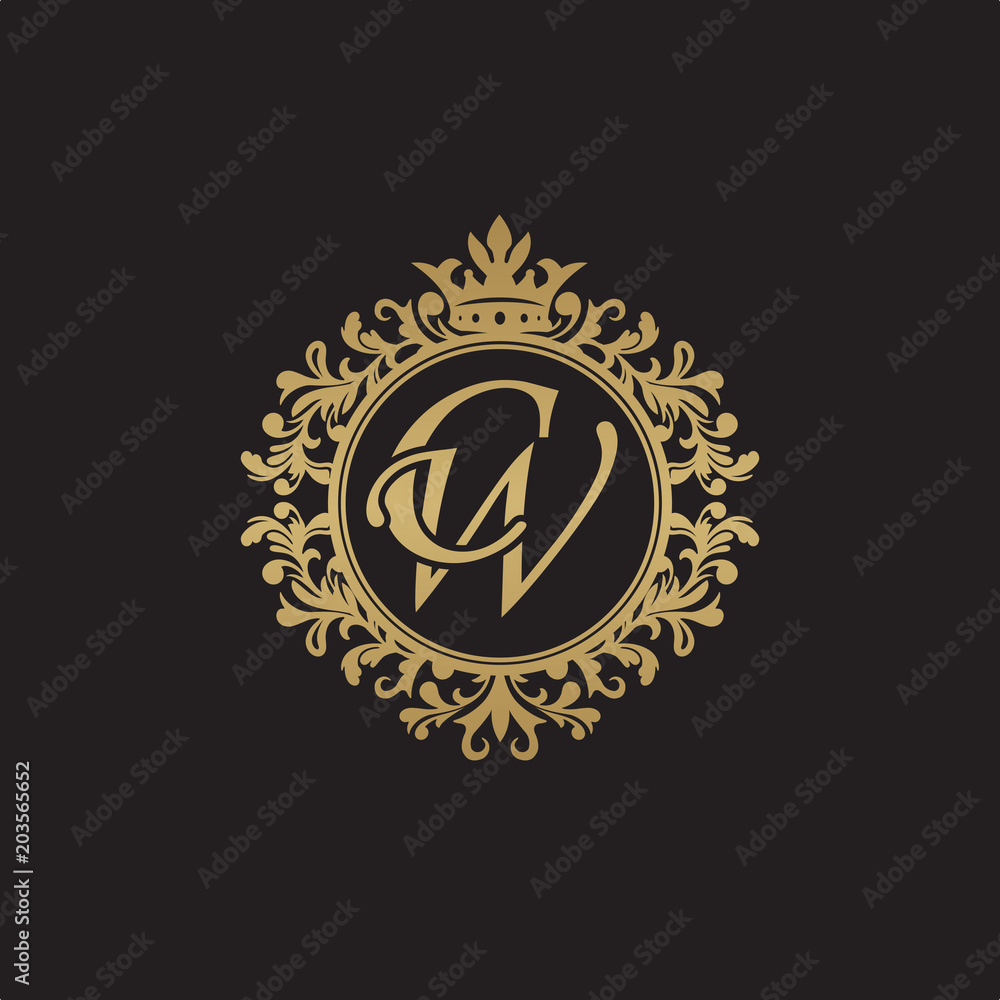 Initial letter CW, overlapping monogram logo, decorative ornament badge, elegant luxury golden color