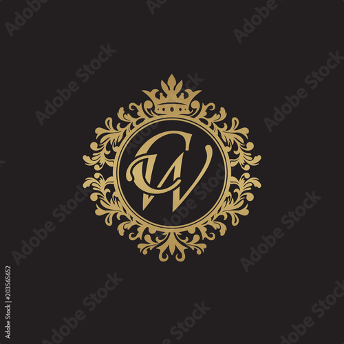 Initial letter CW, overlapping monogram logo, decorative ornament badge, elegant luxury golden color