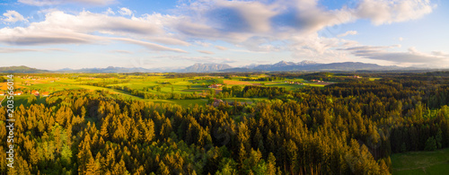 Aerial panorama  Bavarian landscape in spring at sunset