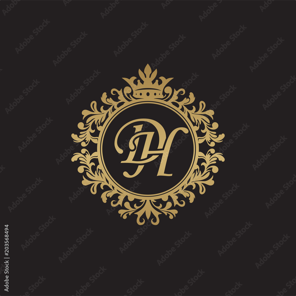Initial letter DH, overlapping monogram logo, decorative ornament badge, elegant luxury golden color