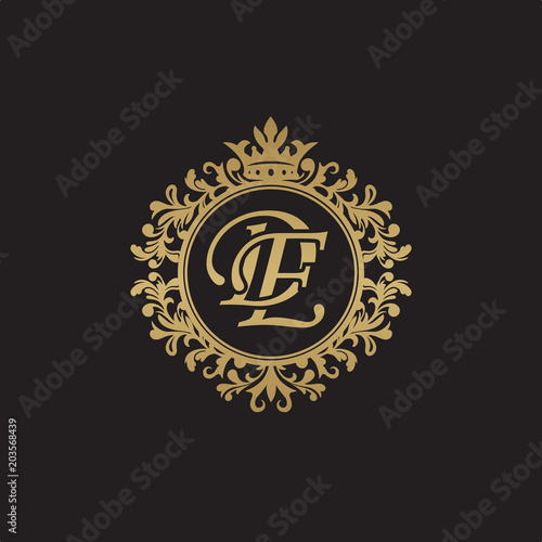 Initial letter DE, overlapping monogram logo, decorative ornament badge, elegant luxury golden color