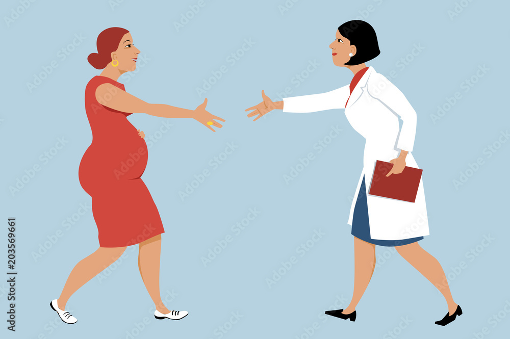 Pregnant woman visiting a female OB-GYN, shaking hands with a doctor, EPS 8 vector illustration Pregnant woman visiting a female OB-GYN, shaking hands with a doctor, EPS 8 vector illustration