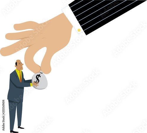 Upset businessman giving a bag of taxes money to a government hand or to racketeer, EPS 8 vector illustration