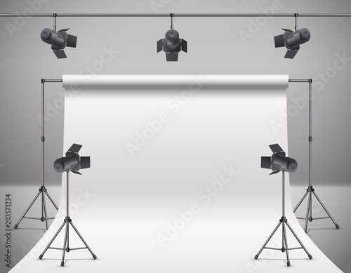 Vector 3d realistic photo, video studio with spotlights, white background. Mock up of photography professional equipment, stands and illumination