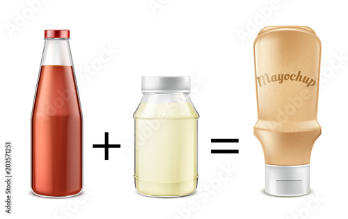 Sauce recipe vector concept illustration. Tomato ketchup mixed with mayonnaise to get mayochup, condiment for eating and cooking. Mockup with glass bottle and plastic jars for product advertising