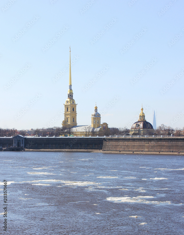 Saint Petersburg Peter and Paul Fortress View from Scenic Viewpoint across Neva River in Russia. Sunny Day Panoramic View of Famous Russian City Landmark. Saint Petersburg Sightseeing Wallpaper.