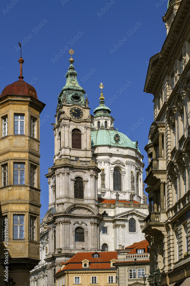 Prague. Cathedral of St. Nicholas in the old city . The historic center of Prague, beautiful cityscape .  Historical town. Czech Republic. European travel. 