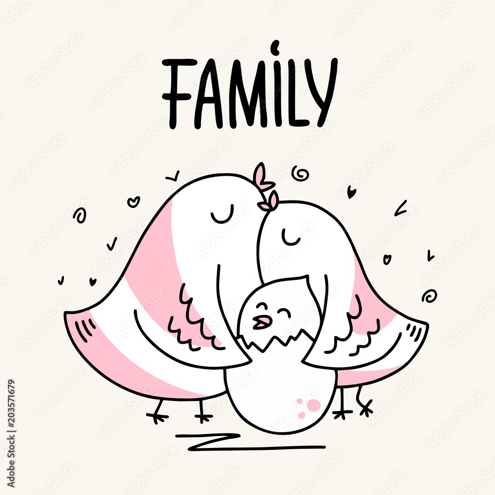 Family of two parents bird father and mother hug her baby. Cartoon flat  vector animal illustration card Stock Vector | Adobe Stock