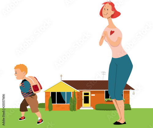 Affectionate mother seeing her little boy off to elementary school, EPS 8 vector illustration