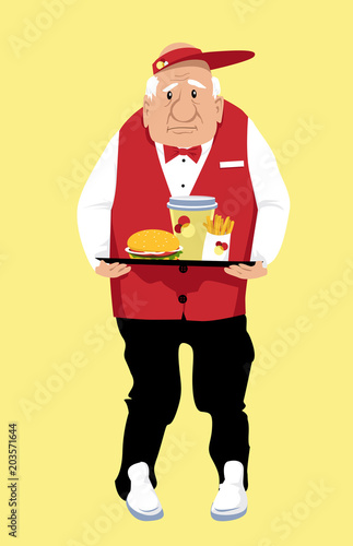 Elderly person, lacking retirement savings,  working minimal wage job at a fast food restaurant, EPS 8 vector illustration