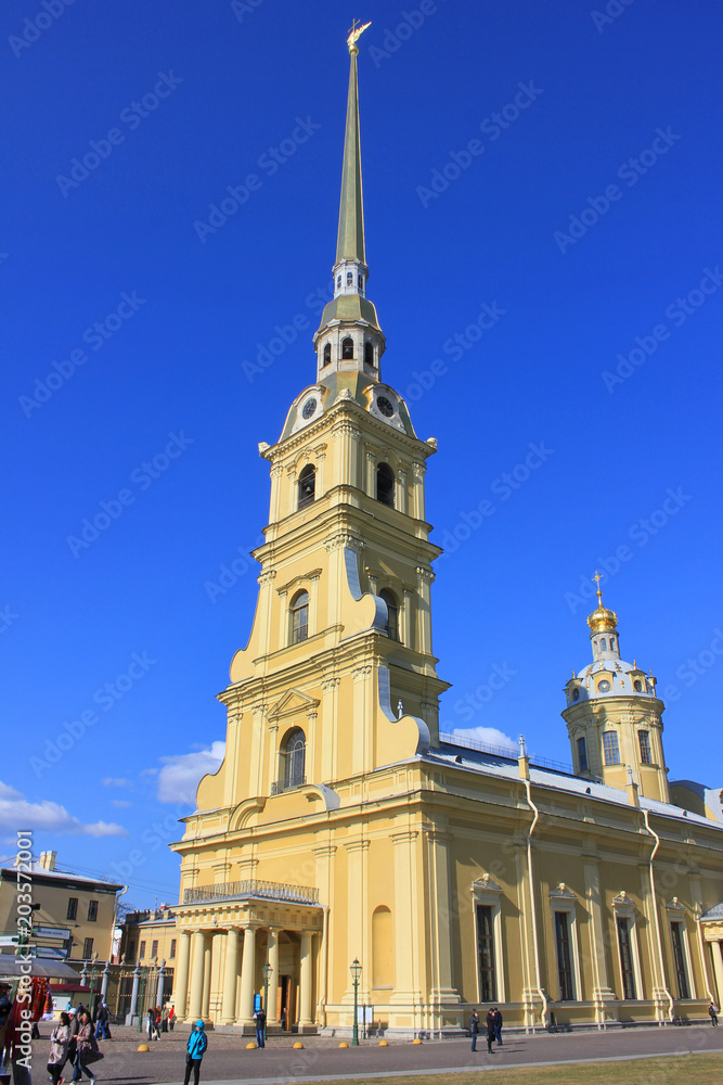 Peter and Paul Cathedral, Russian Orthodox Church in St. Petersburg, Russia. Located Inside the Peter and Paul Fortress, First and Oldest City Landmark, Built between 1712 and 1733 on Hare Island. Peter and Paul Cathedral, Russian Orthodox Church in St. Petersburg, Russia. Located Inside the Peter and Paul Fortress, First and Oldest City Landmark, Built between 1712 and 1733 on Hare Island.