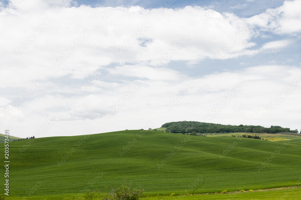 Italian landscape with green fields in spring, holidays in Italy in Umbria and Tuscany. Travel drive in the Tuscany countryside with soft green hills and blue skies. Calm and relax holidays in Italy