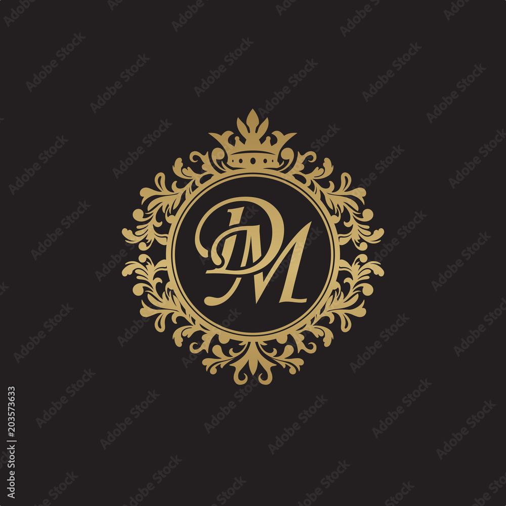 Initial letter DM, overlapping monogram logo, decorative ornament badge, elegant luxury golden color