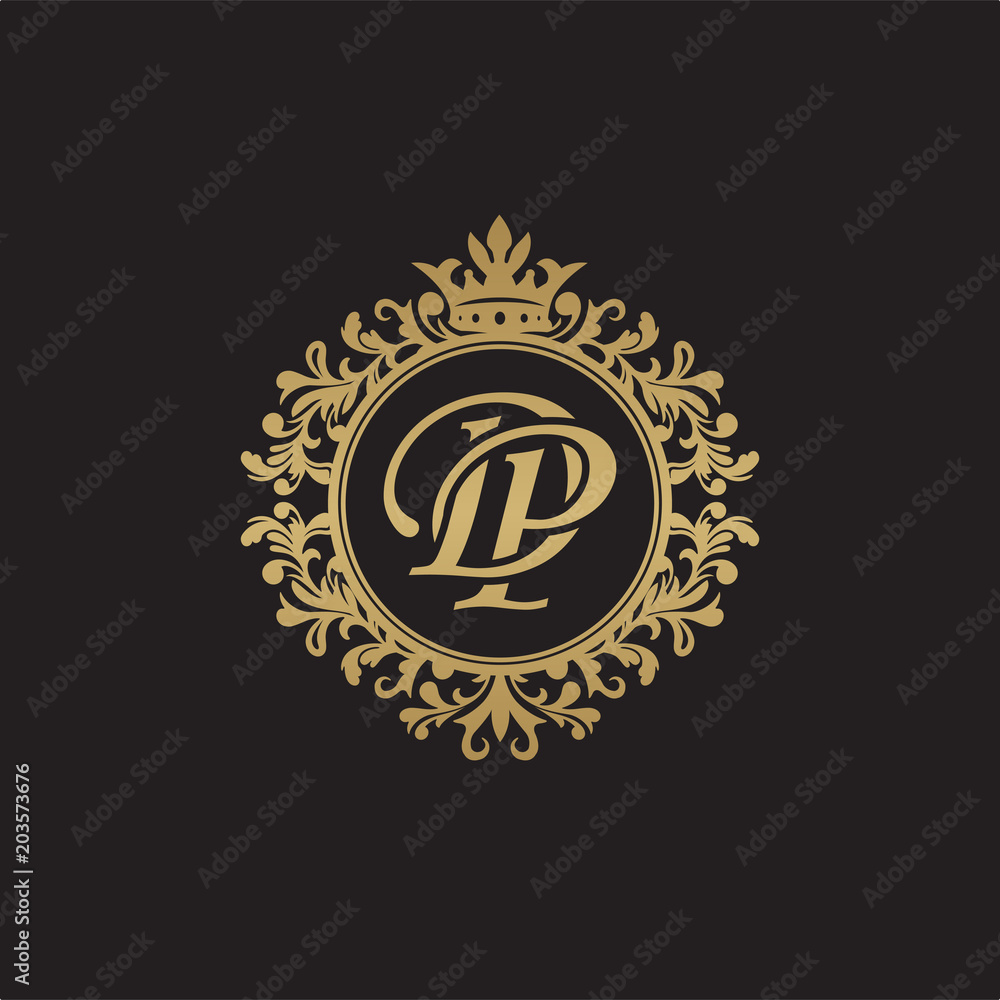 Initial letter DP, overlapping monogram logo, decorative ornament badge, elegant luxury golden color