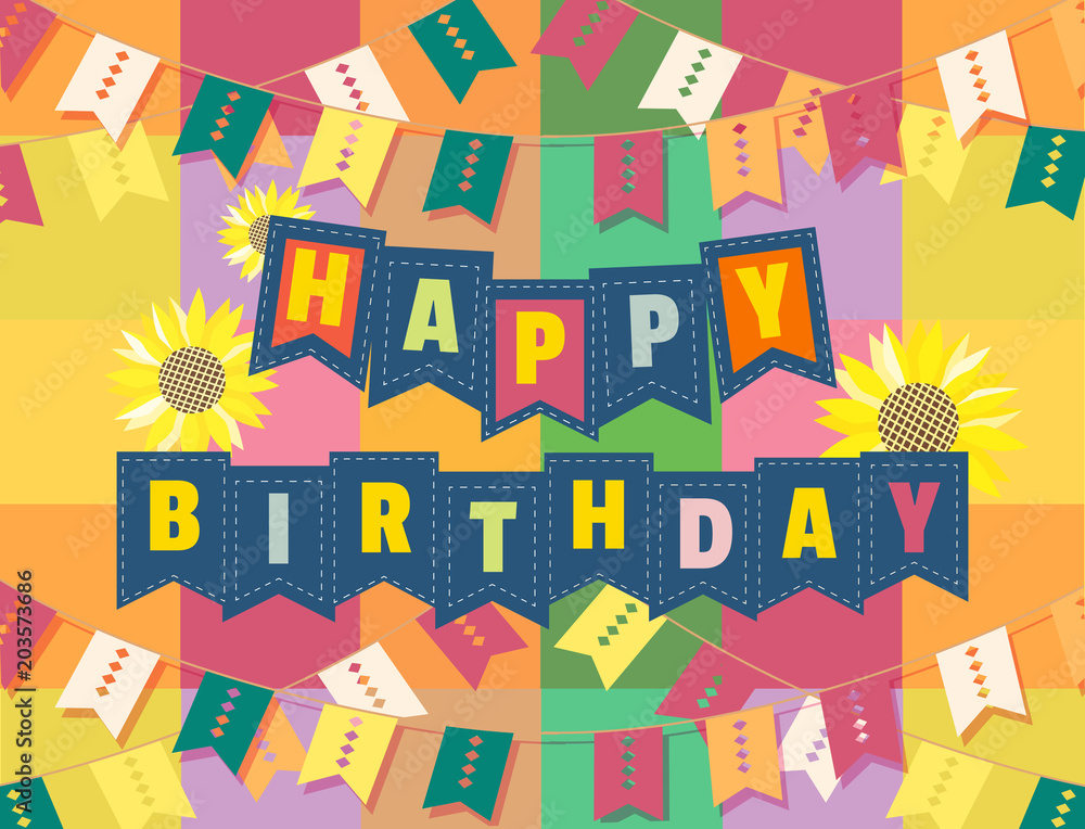 Happy Birthday Card. Colorful cartoon with sunflowers. Poster on party celebration. Idea for design of anniversary greeting holiday event banner, birth day decoration background. Vector illustration.
