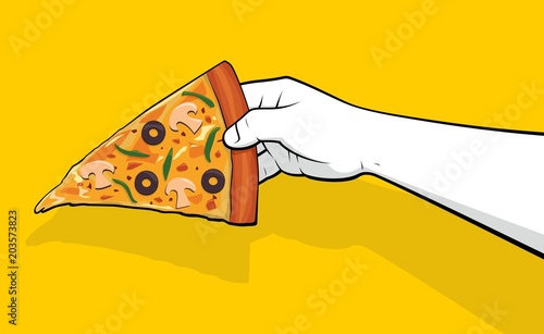 Person hand holding pizza slice