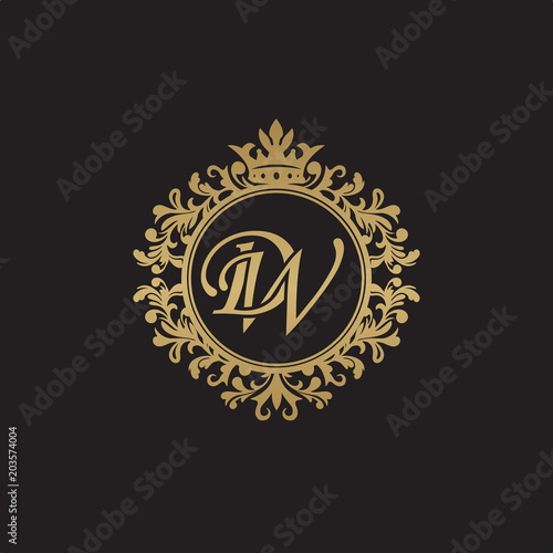 Initial letter DW, overlapping monogram logo, decorative ornament badge, elegant luxury golden color