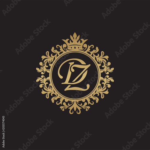 Initial letter DZ, overlapping monogram logo, decorative ornament badge, elegant luxury golden color