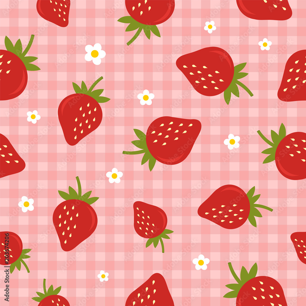 Seamless vector pattern with strawberries on the checkered pink background