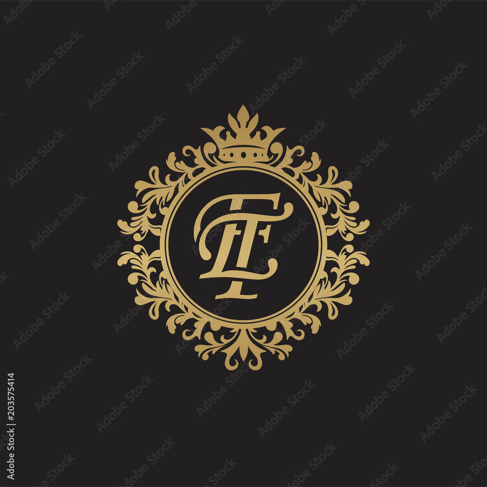 Initial letter ET, overlapping monogram logo, decorative ornament badge, elegant luxury golden color