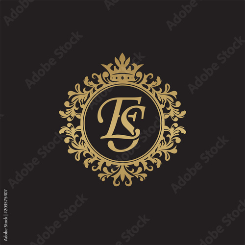 Initial letter ES, overlapping monogram logo, decorative ornament badge, elegant luxury golden color
